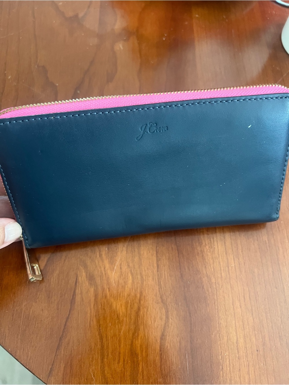 J. Crew navy blue Leather Zip Wallet with Pink Zipper